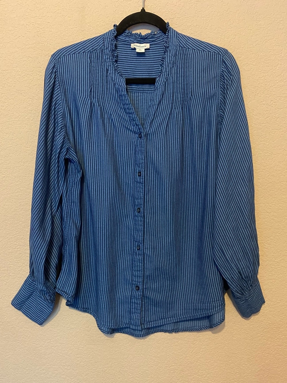 Sundance Romantic Ruffle Cottage Striped Button Top Balloon Sleeve Womens XL